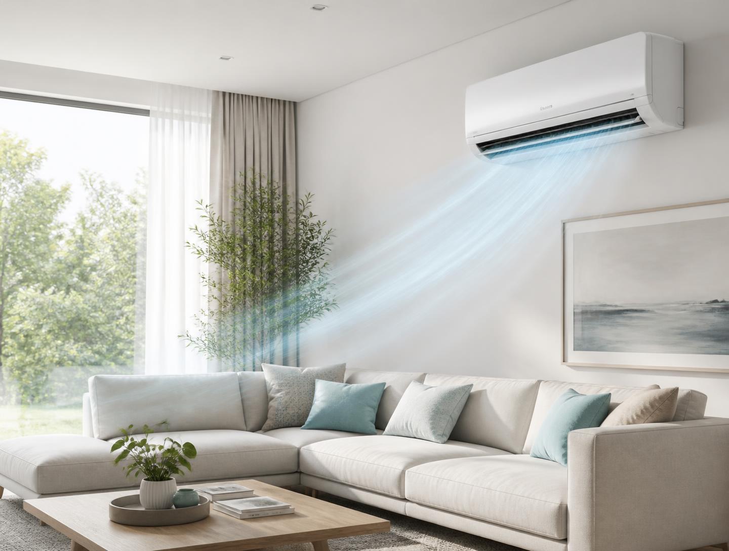 Moderne Split-Klimaanlage in hellem Wohnraum mit dargestelltem kühlem Luftstrom